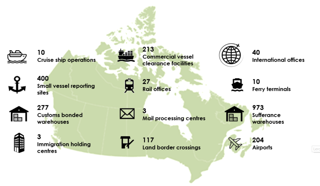 Map of Canada overlaid with summary of CBSA facilities(refer to image description)