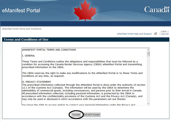 Figure 2-2 eManifest Portal Terms and Conditions page