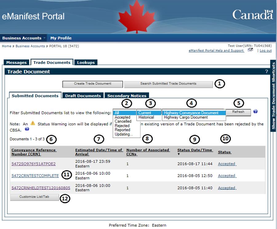 Figure 6-22 Trade Documents tab - Submitted Documents tab (Highway Conveyance Documents)