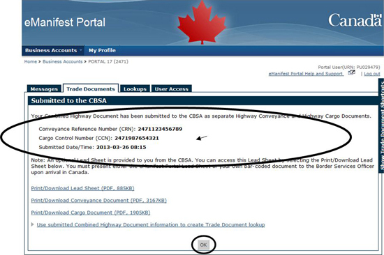 Figure 6-6 Trade Documents tab - Submitted to the CBSA (Combined Highway Document)
