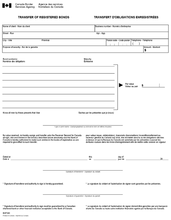 Formulaire BSF391, transfert d'obligations enregistrées