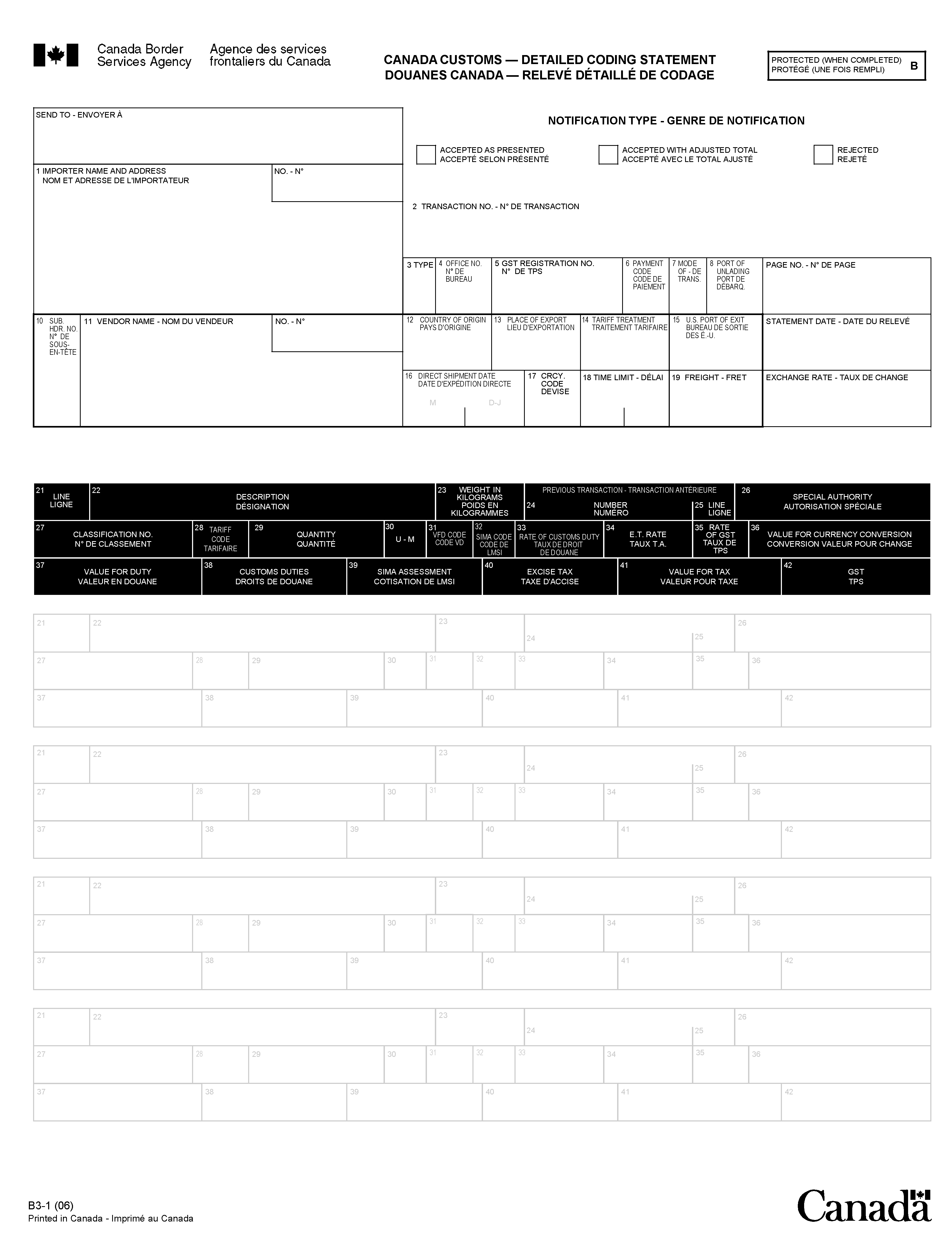 FORM B3-1, CANADA CUSTOMS  –  DETAILED CODING STATEMENT