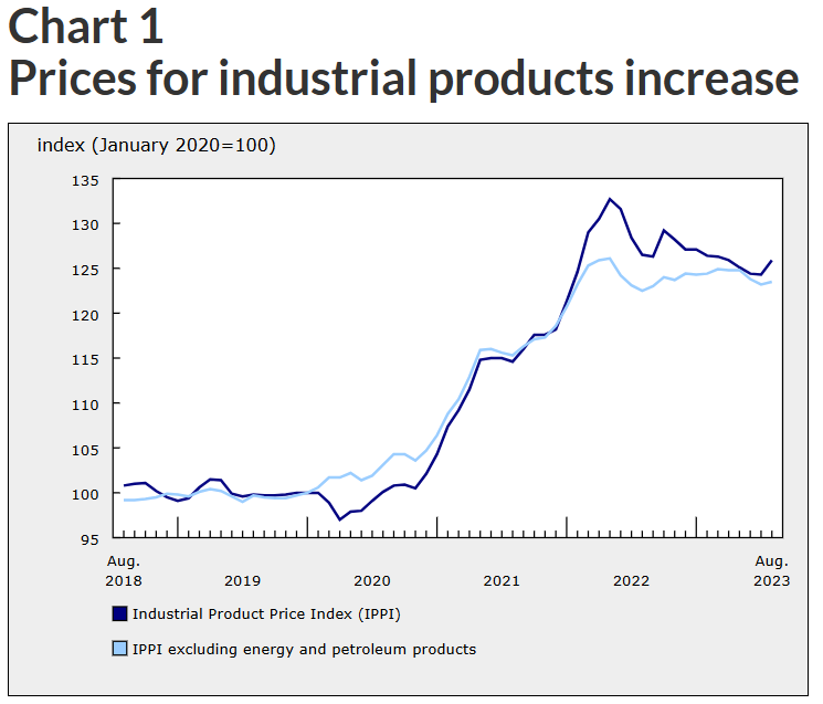 A line graph showing the industrial product price index (IPPI) and IPPI excluding energy and petroleum products