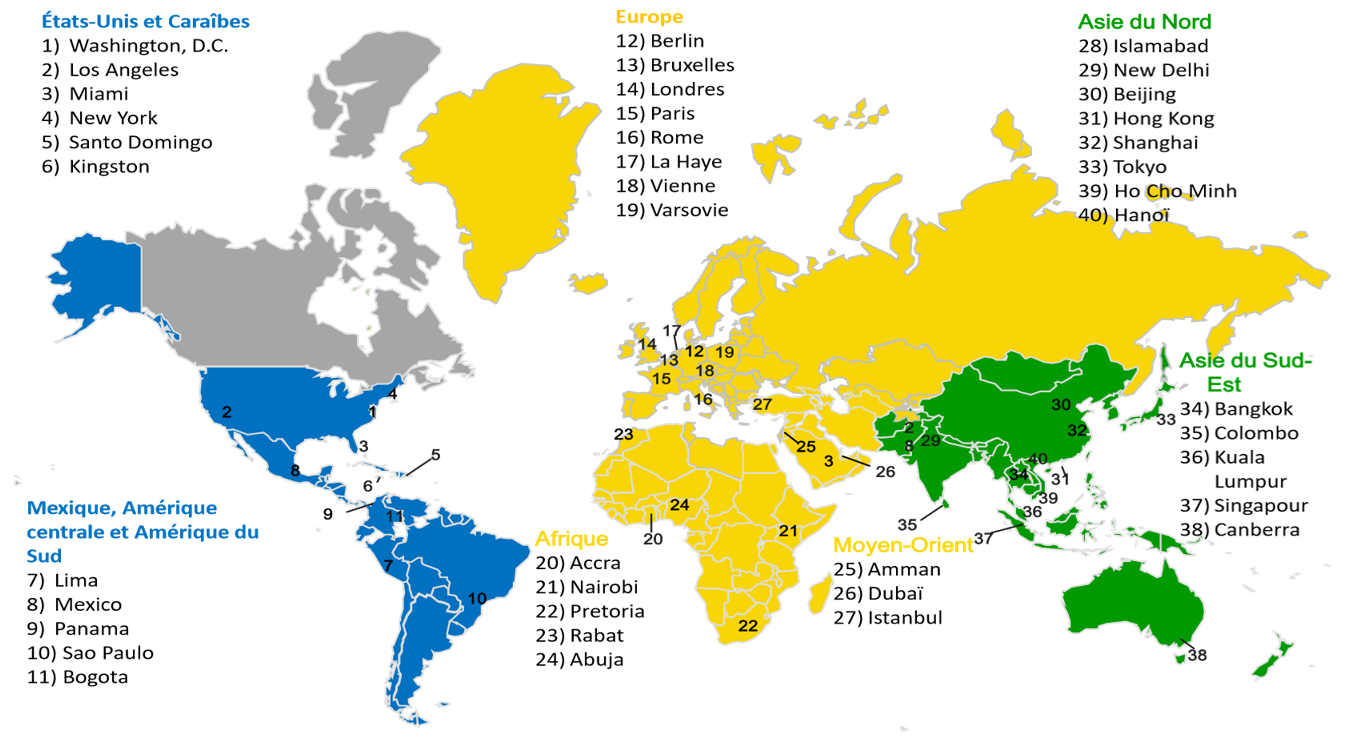Carte globale des emplacements du réseau international