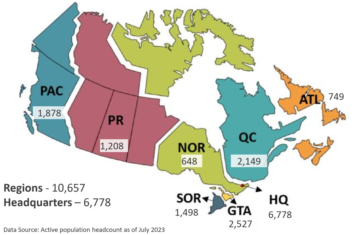 Global map of CBSA's active population headcount by Regional breakdown as of July 2023